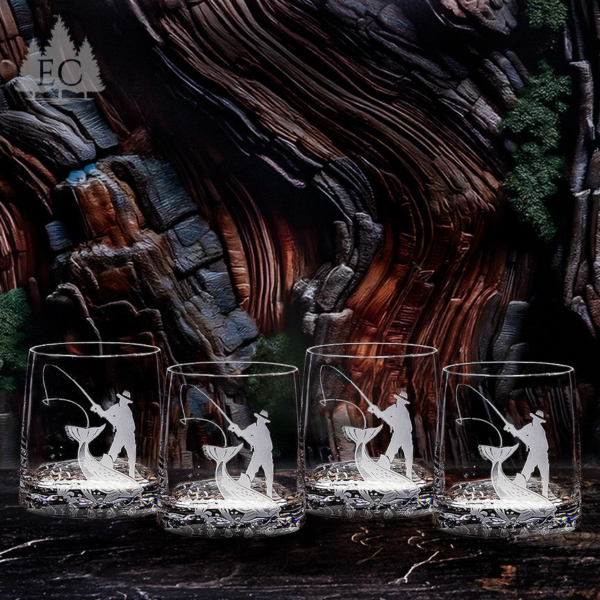 Fly Fisherman Crystal Rocks Glasses, Set of 4