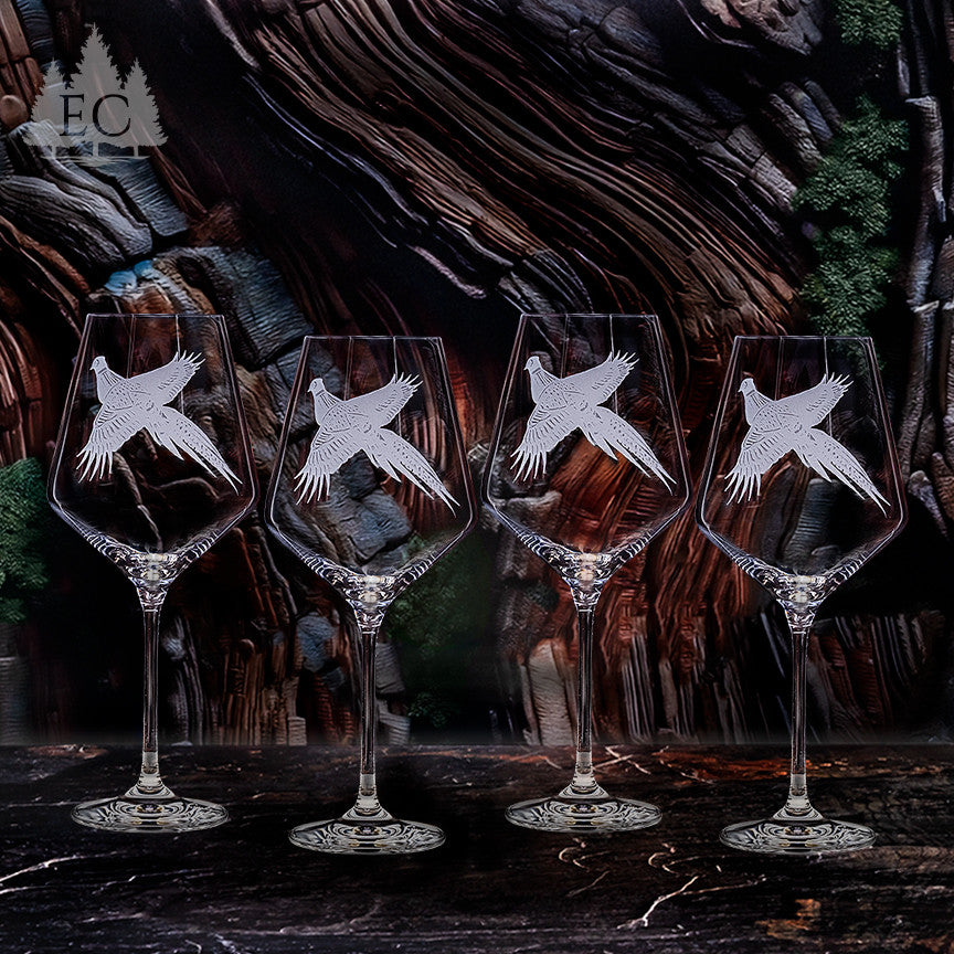 Pheasant Crystal Red Wine Glasses, Set of 4