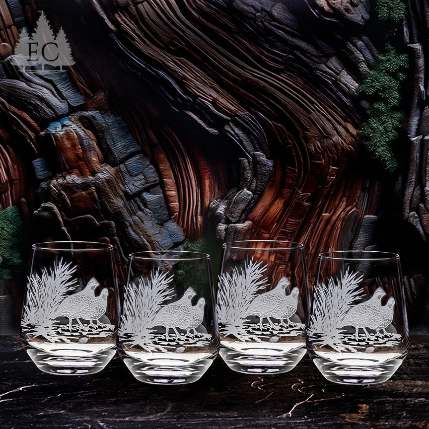 Bobwhite Quail Crystal Stemless Wine Glasses, Set of 4