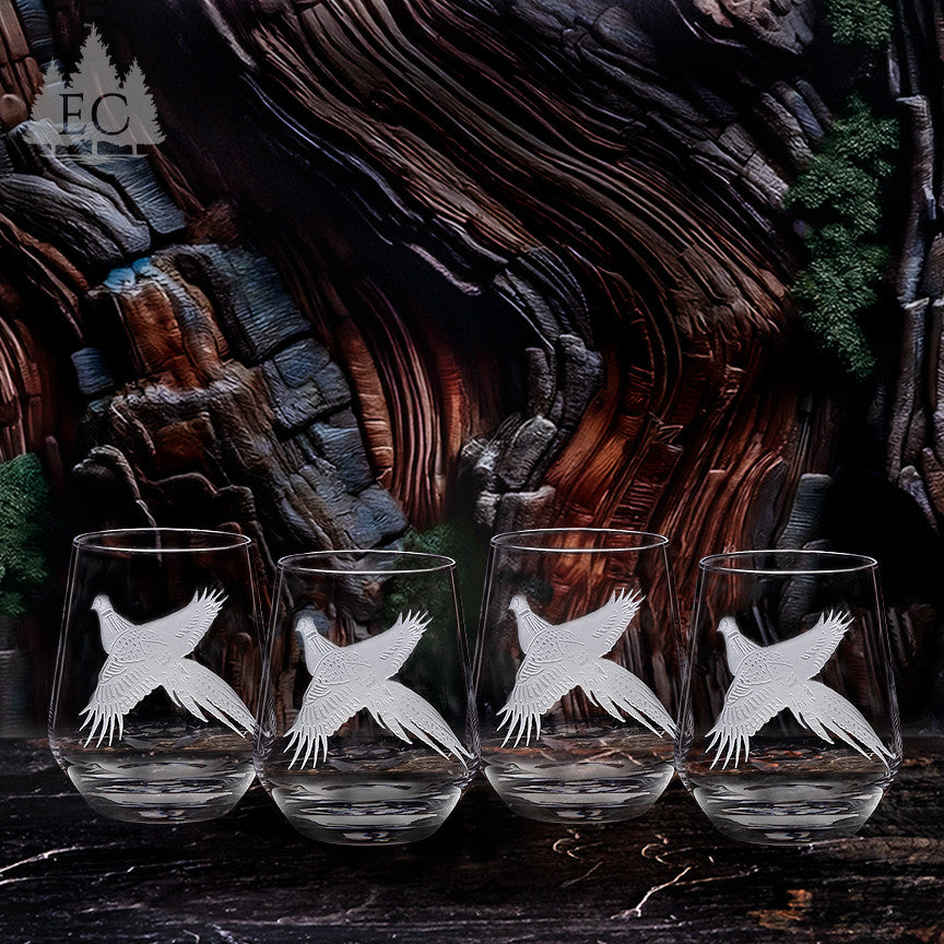 Pheasant Crystal Stemless Wine Glasses, Set of 4
