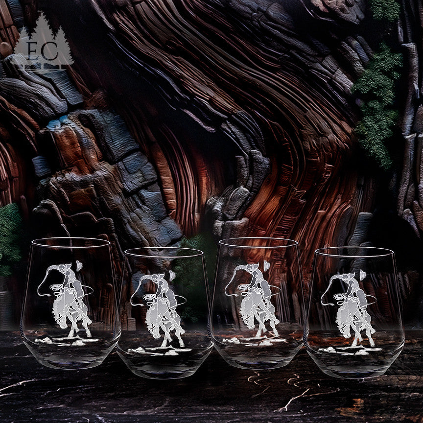 Bronco Rider Crystal Stemless Wine Glasses, Set of 4
